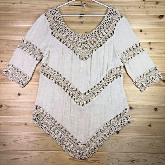 Elan Shirt Womens Medium Cream Crocheted 3/4 Sleeve Boho Peasant Blouse - Picture 3 of 6